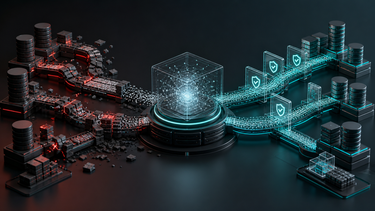 A broken stale data pipeline contrasted with a governed real-time path into an AI system